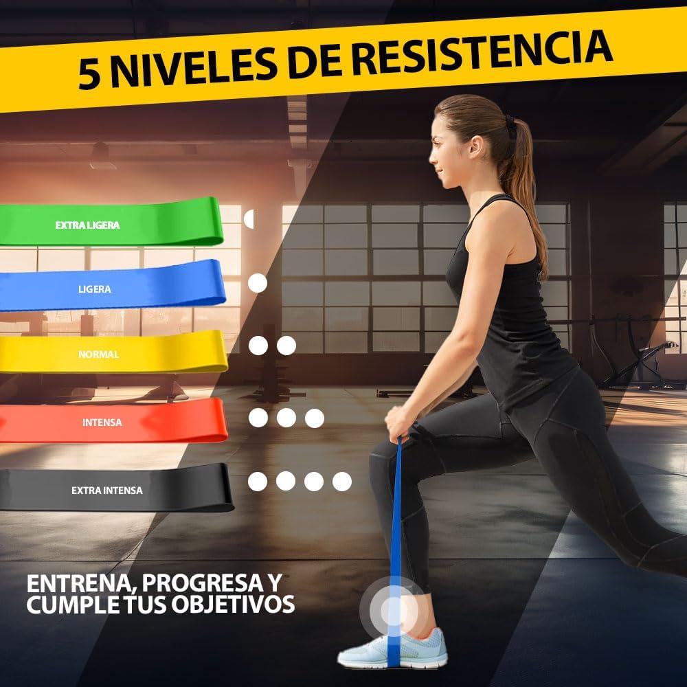 Set de 5 Bandas de Resistencia - Elásticas y Duraderas, Ideales para Entrenamiento de Fuerza, Yoga, Pilates y Gimnasio en Casa