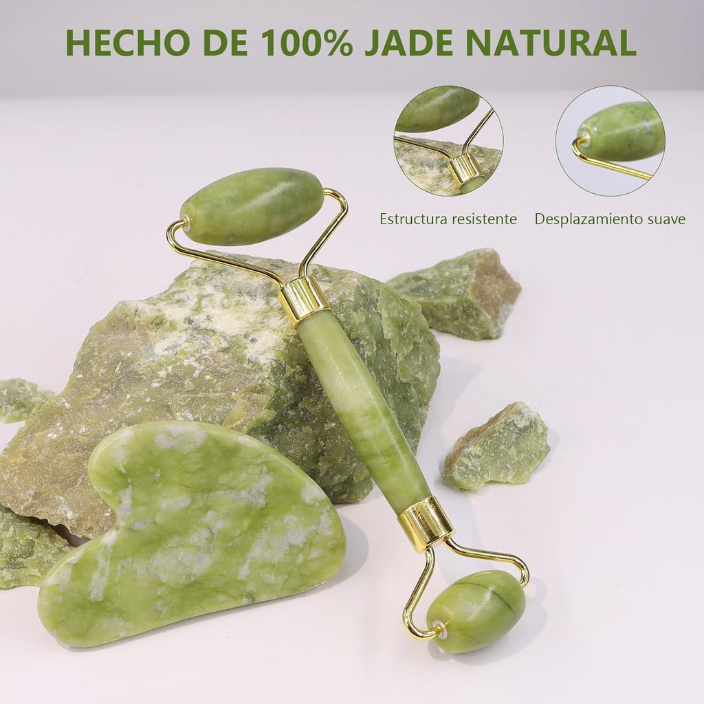 Rodillo Facial y Gua Sha de Jade Natural – Masajeador para Cara, Cuello y Cuerpo, Ideal para Lifting, Cuidado de Ojos y Relajación Spa