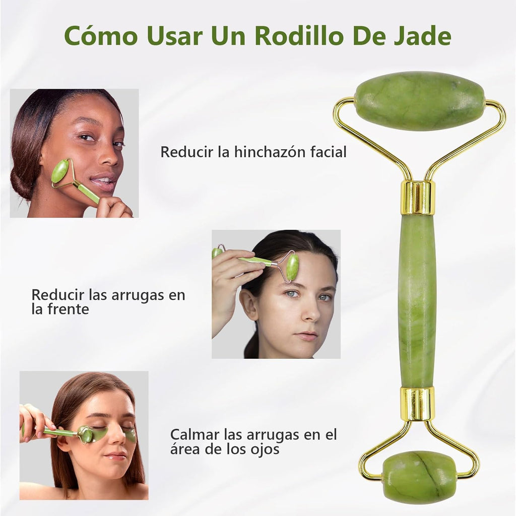 Rodillo Facial y Gua Sha de Jade Natural – Masajeador para Cara, Cuello y Cuerpo, Ideal para Lifting, Cuidado de Ojos y Relajación Spa