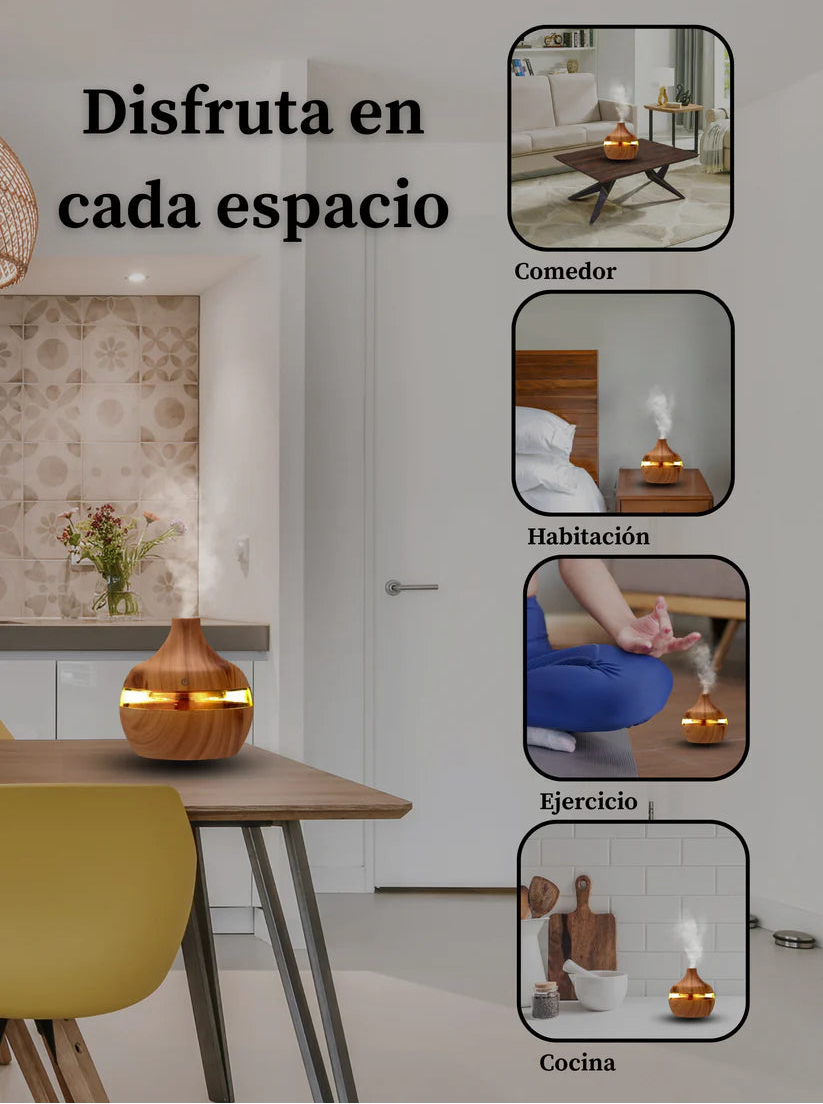 Humidificador Eléctrico de Aromas de Madera - Difusor Ultrasónico de Aceites Esenciales, Neblina Fría y Relajante, Ideal para el Hogar (300 ml)