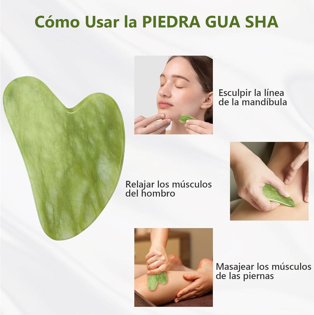 Rodillo Facial y Gua Sha de Jade Natural – Masajeador para Cara, Cuello y Cuerpo, Ideal para Lifting, Cuidado de Ojos y Relajación Spa