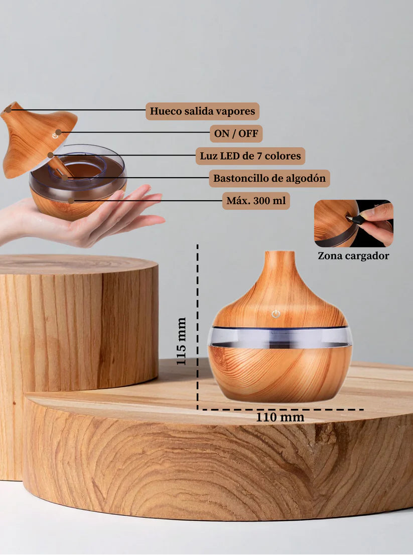 Humidificador Eléctrico de Aromas de Madera - Difusor Ultrasónico de Aceites Esenciales, Neblina Fría y Relajante, Ideal para el Hogar (300 ml)