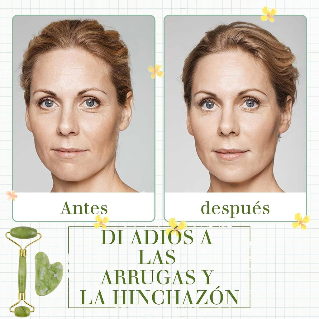 Rodillo Facial y Gua Sha de Jade Natural – Masajeador para Cara, Cuello y Cuerpo, Ideal para Lifting, Cuidado de Ojos y Relajación Spa