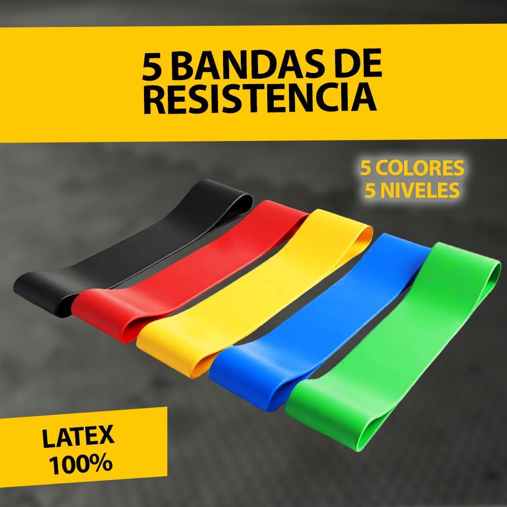 Set de 5 Bandas de Resistencia - Elásticas y Duraderas, Ideales para Entrenamiento de Fuerza, Yoga, Pilates y Gimnasio en Casa