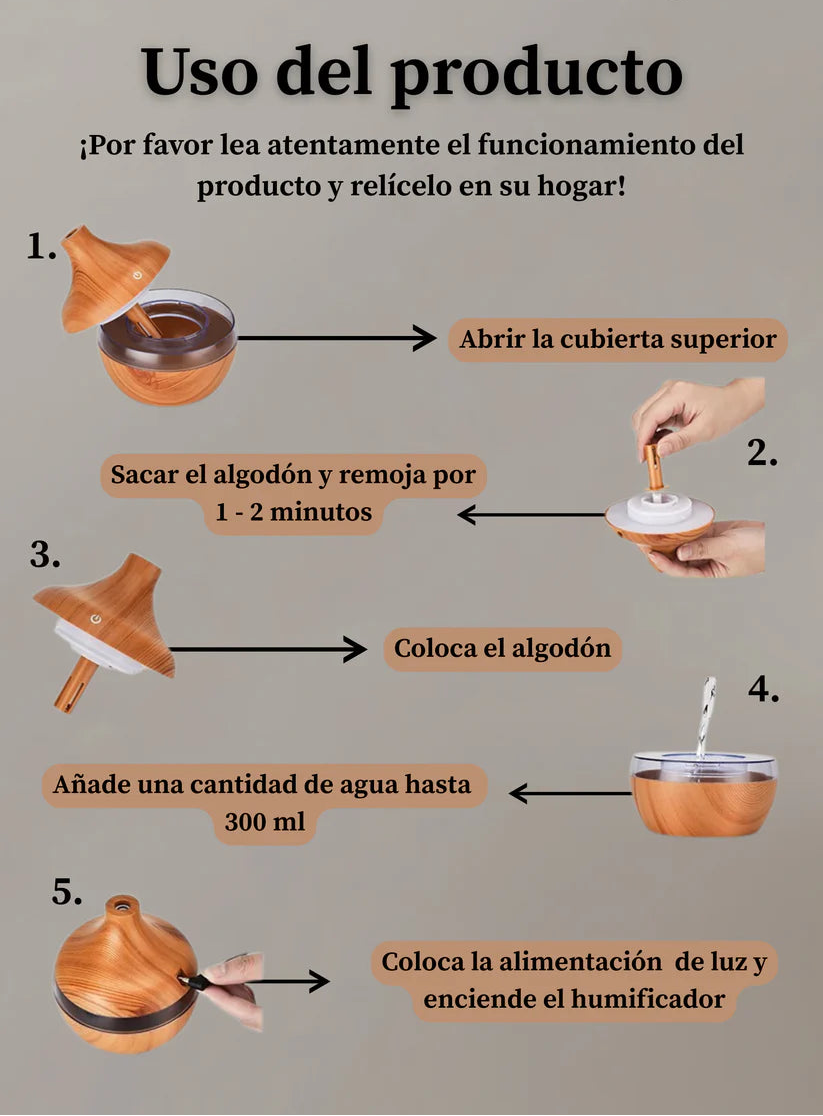 Humidificador Eléctrico de Aromas de Madera - Difusor Ultrasónico de Aceites Esenciales, Neblina Fría y Relajante, Ideal para el Hogar (300 ml)